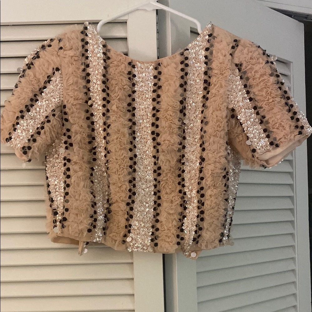 Tan Embellished Crop Blouse with Short Sleeves